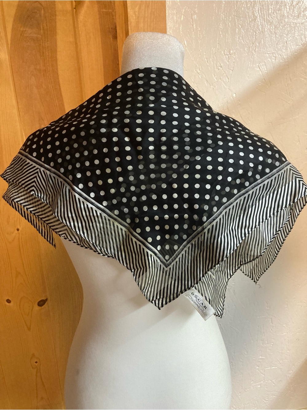 Oscar de la Renta Black and White Polka Dot Silk Scarf with Striped Border 21”sq - Picture 2 of 4